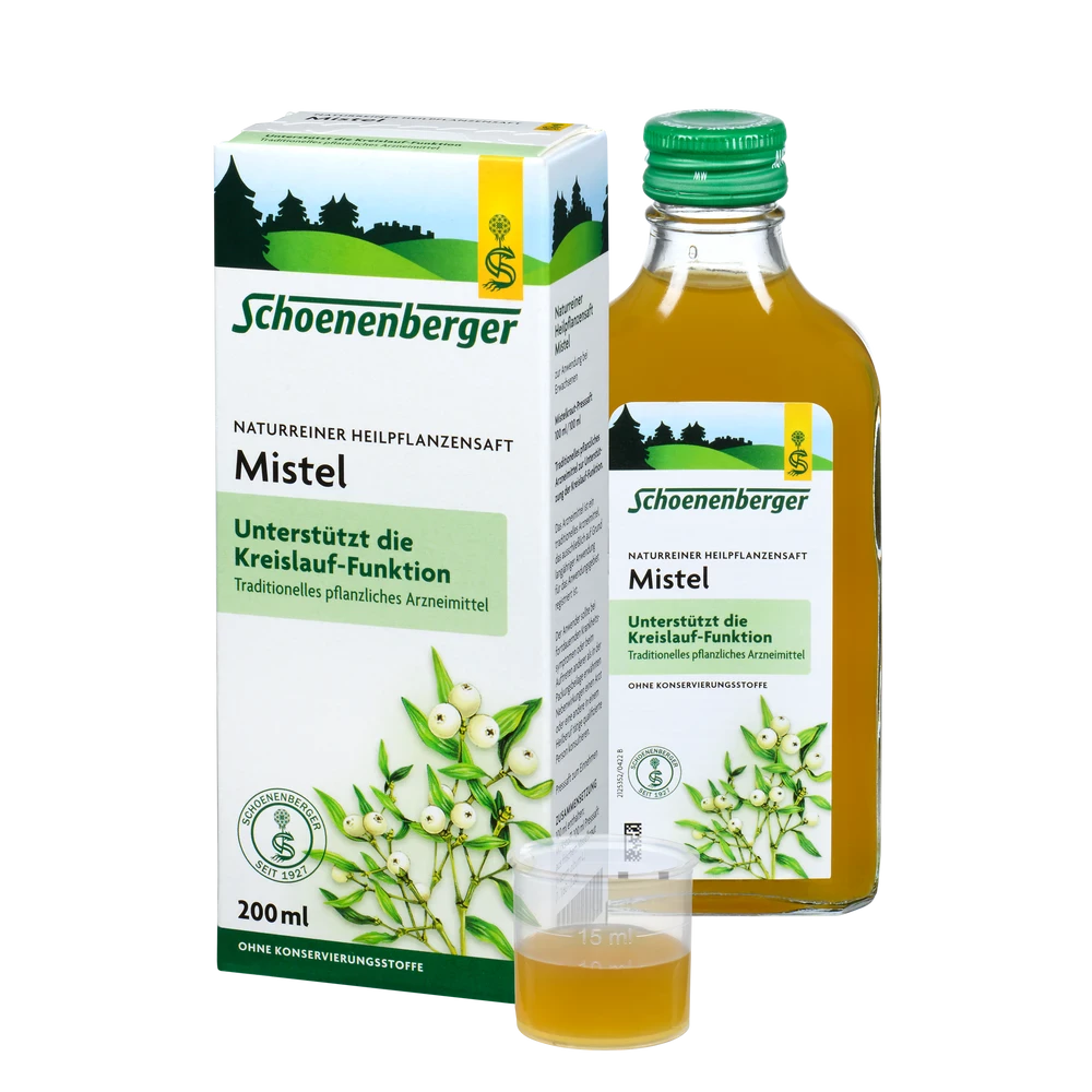 Schoenenberger Mistelsaft 200 ml – Flasche mit Verpackung und Dosierbecher