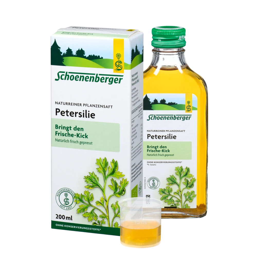 Schoenenberger Petersilie Pflanzensaft Bio 200ml – Set mit Faltschachtel, Glasflasche und Dosierbecher