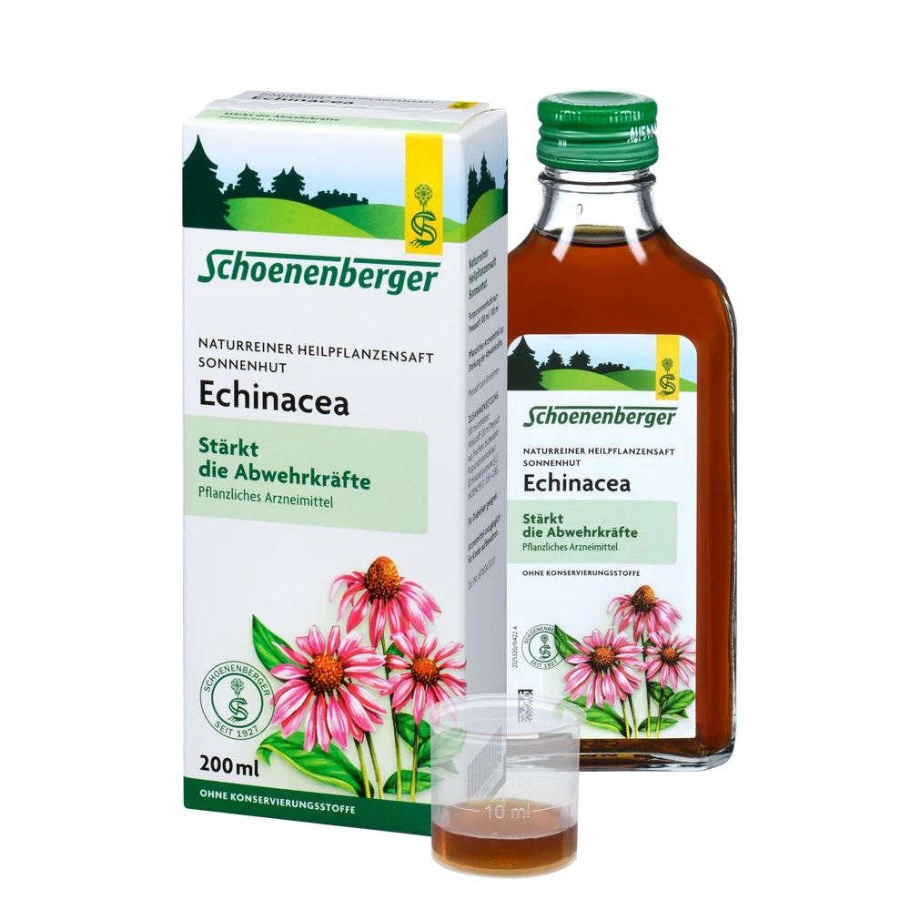 Schoenenberger Naturreiner Heilpflanzensaft Sonnenhut Echinacea 200ml mit Verpackung, Flasche und Dosierbecher