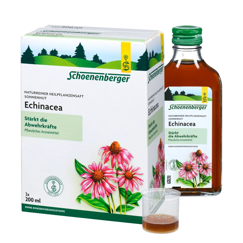 Schoenenberger Naturreiner Heilpflanzensaft Sonnenhut Echinacea 3x200ml – pflanzliches Arzneimittel zur Stärkung der Abwehrkräfte mit Verpackung, Flasche und Dosierbecher