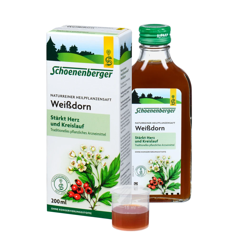 Schoenenberger Weißdorn Saft 200 ml mit Verpackung und Dosierbecher – traditionelles pflanzliches Arzneimittel