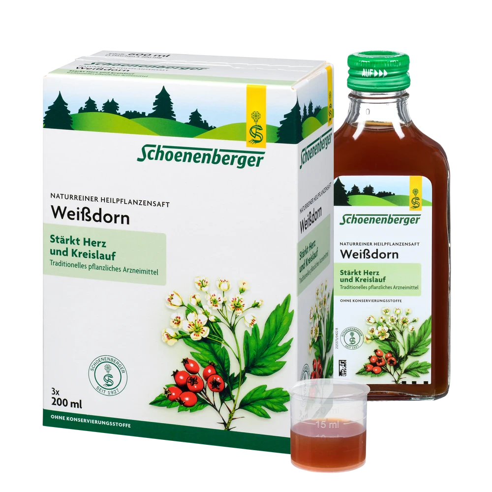 Schoenenberger Weißdorn Saft 3x200 ml Set mit Flasche und Dosierbecher – traditionelles pflanzliches Arzneimittel