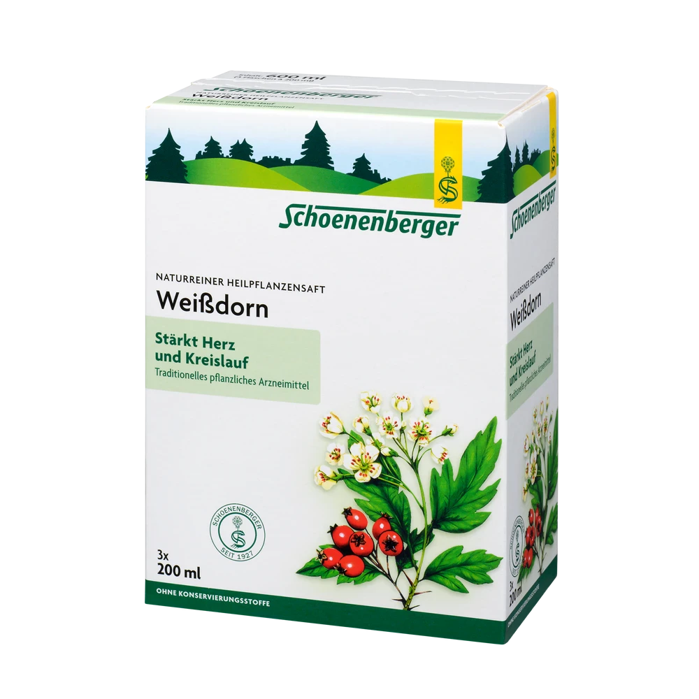 Schoenenberger Weißdorn Saft 3x200 ml Verpackung – naturreiner Heilpflanzensaft für Herz und Kreislauf