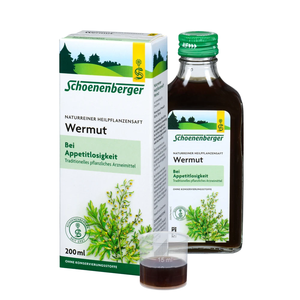 Schoenenberger Wermut Heilpflanzensaft 200 ml – Flasche, Dosierbecher und Verpackung zusammen abgebildet