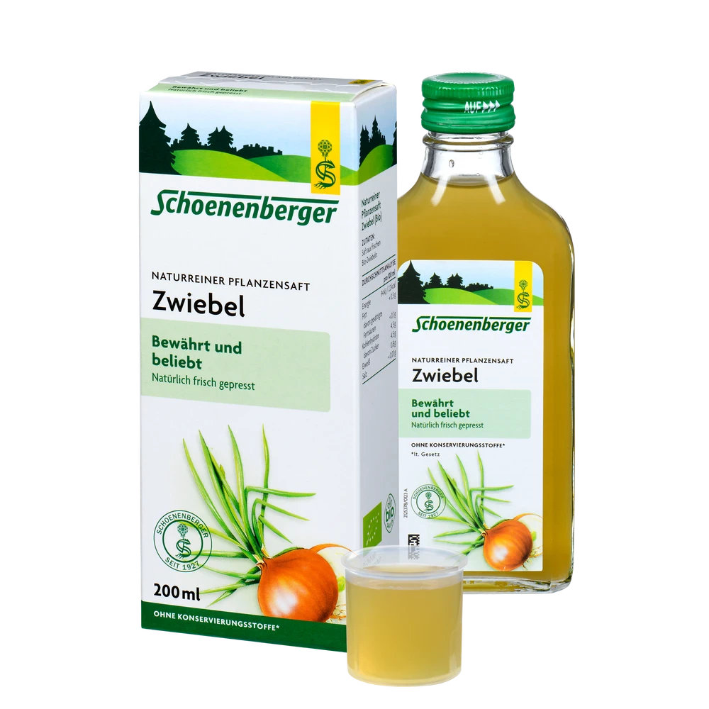 Schoenenberger Zwiebel Saft 200ml Bio Pflanzensaft Packung und Flasche mit Dosierbecher