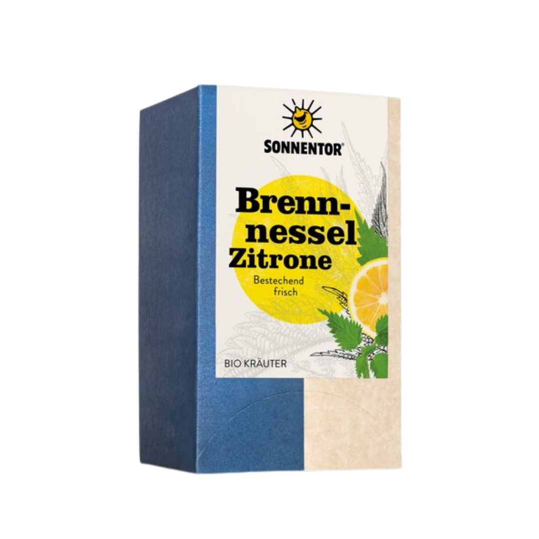 Sonnentor Brennnessel Zitrone Bio Kräutertee 18 Beutel Packung schräg