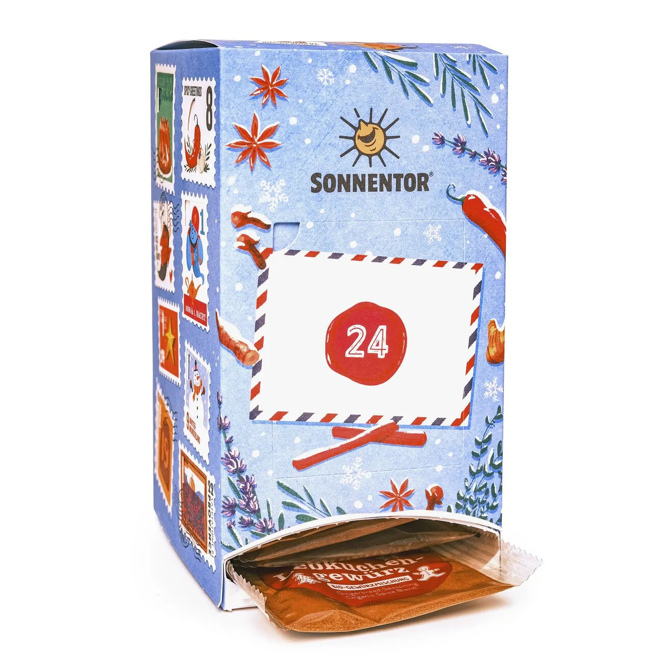 Sonnentor Gewürz Adventskalender 2025 – geöffnetes Türchen 24 mit Bio-Gewürz