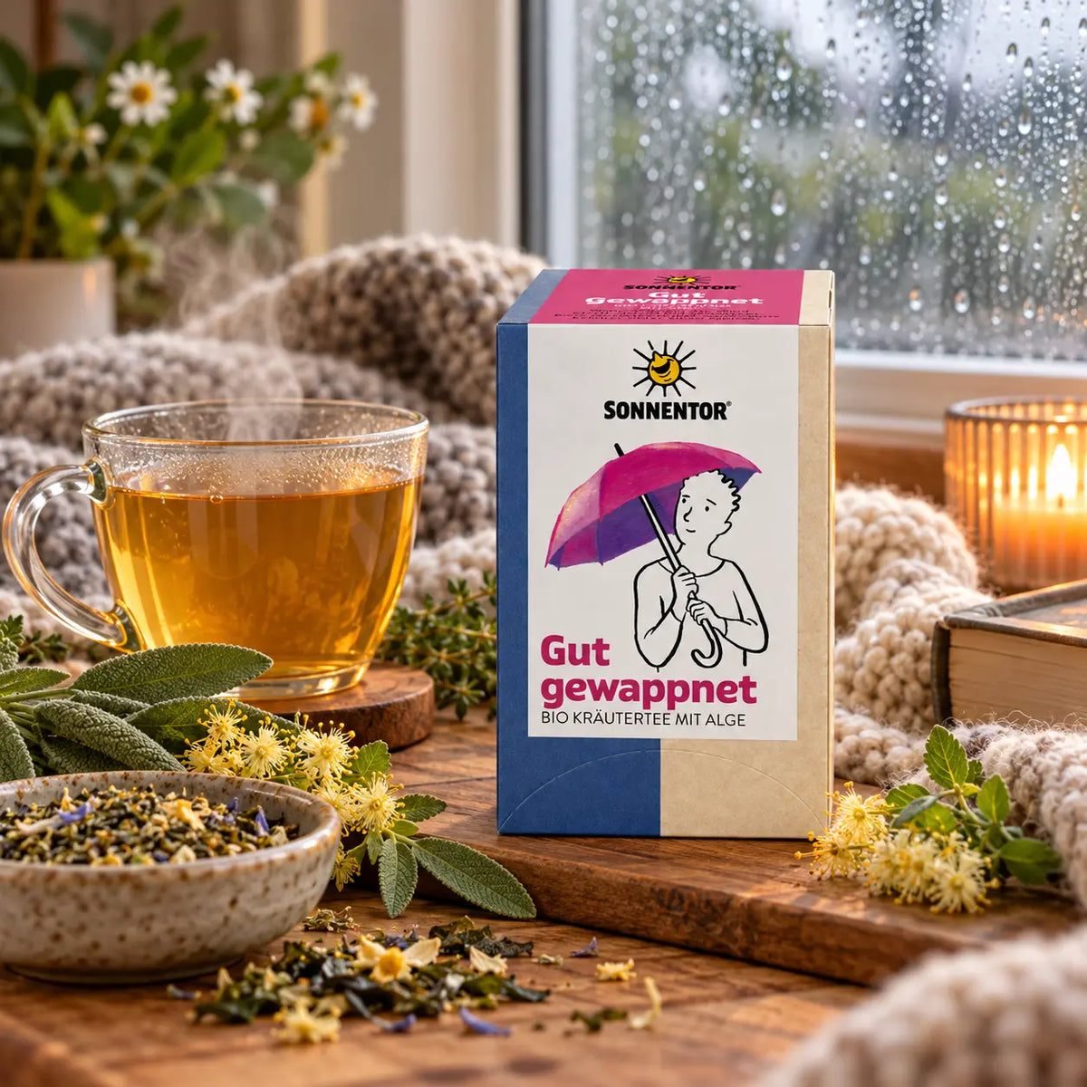 SONNENTOR Gut gewappnet Bio-Kräutertee neben einer dampfenden Teetasse, Kerzenlicht und einer Kuscheldecke an einem Regentag
