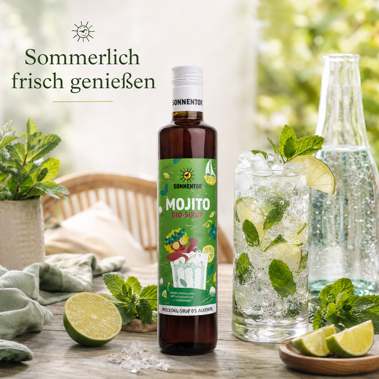 Sommerliche Szene mit Sonnentor Mojito Bio-Sirup und alkoholfreiem Mojito mit Limette, Minze und Eis