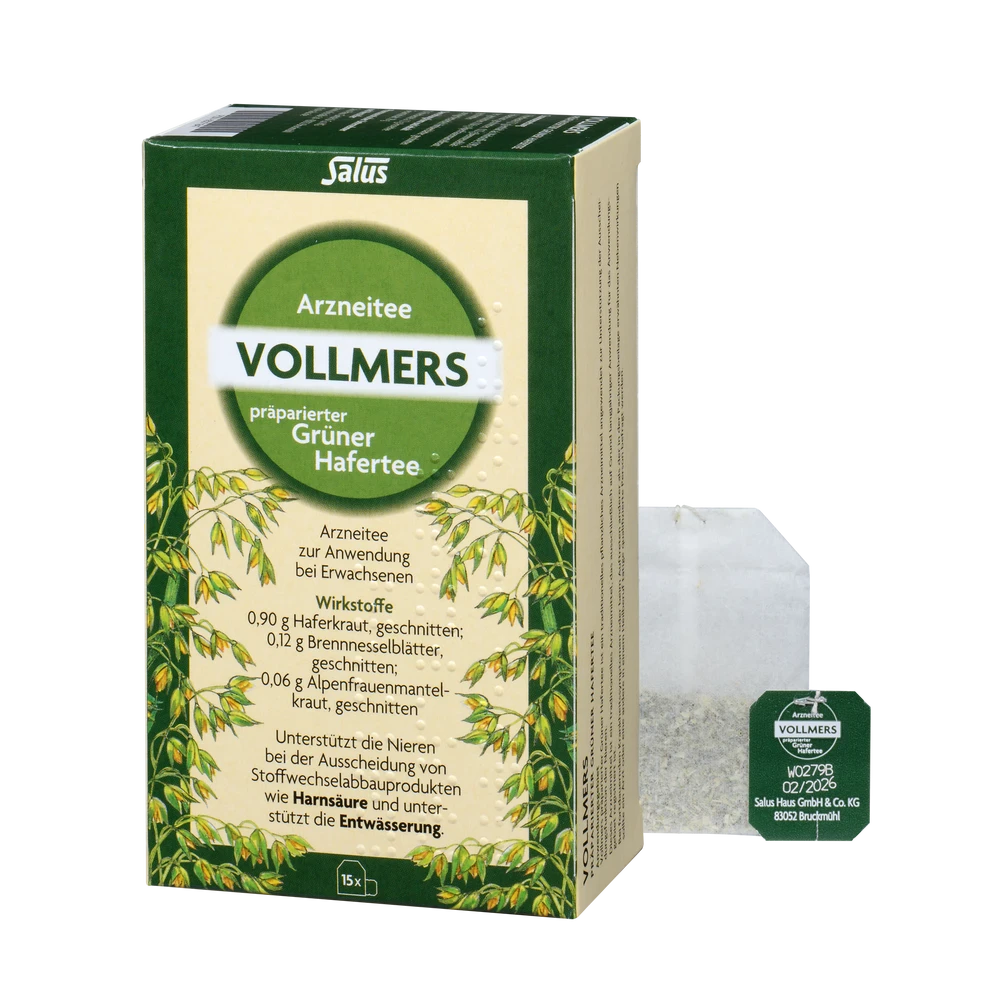 Salus Vollmers präparierter Grüner Hafertee 15 Filterbeutel Packung mit Teebeutel nebeneinander