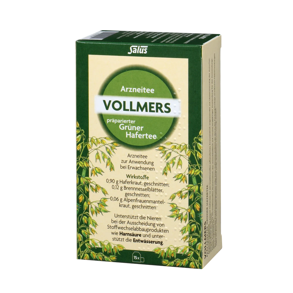Salus Vollmers präparierter Grüner Hafertee 15 Filterbeutel Packung Vorderansicht
