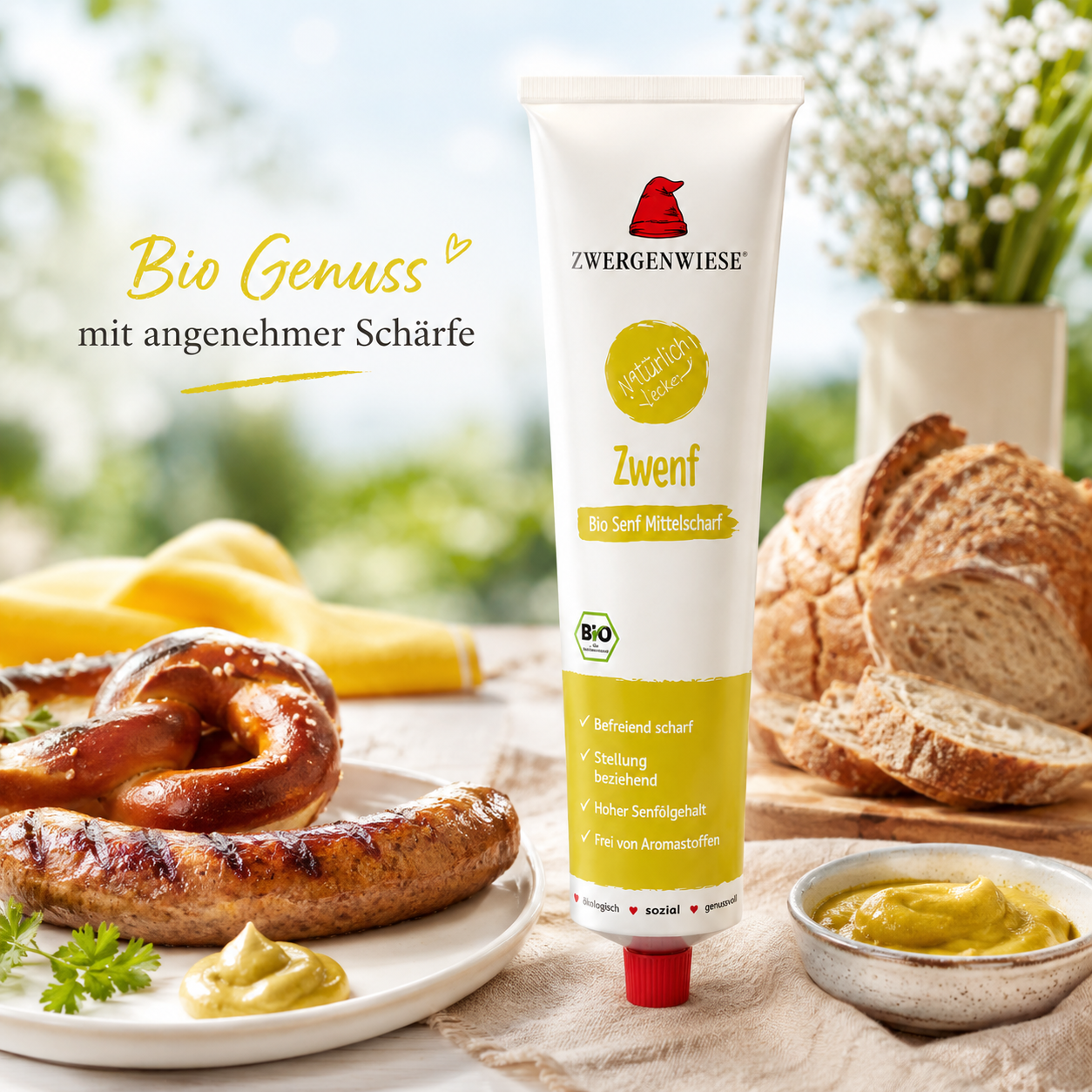 Zwergenwiese Zwenf Bio Senf mittelscharf mit Brezel, Grillgut, Brot und cremigem Senf auf einem gedeckten Tisch