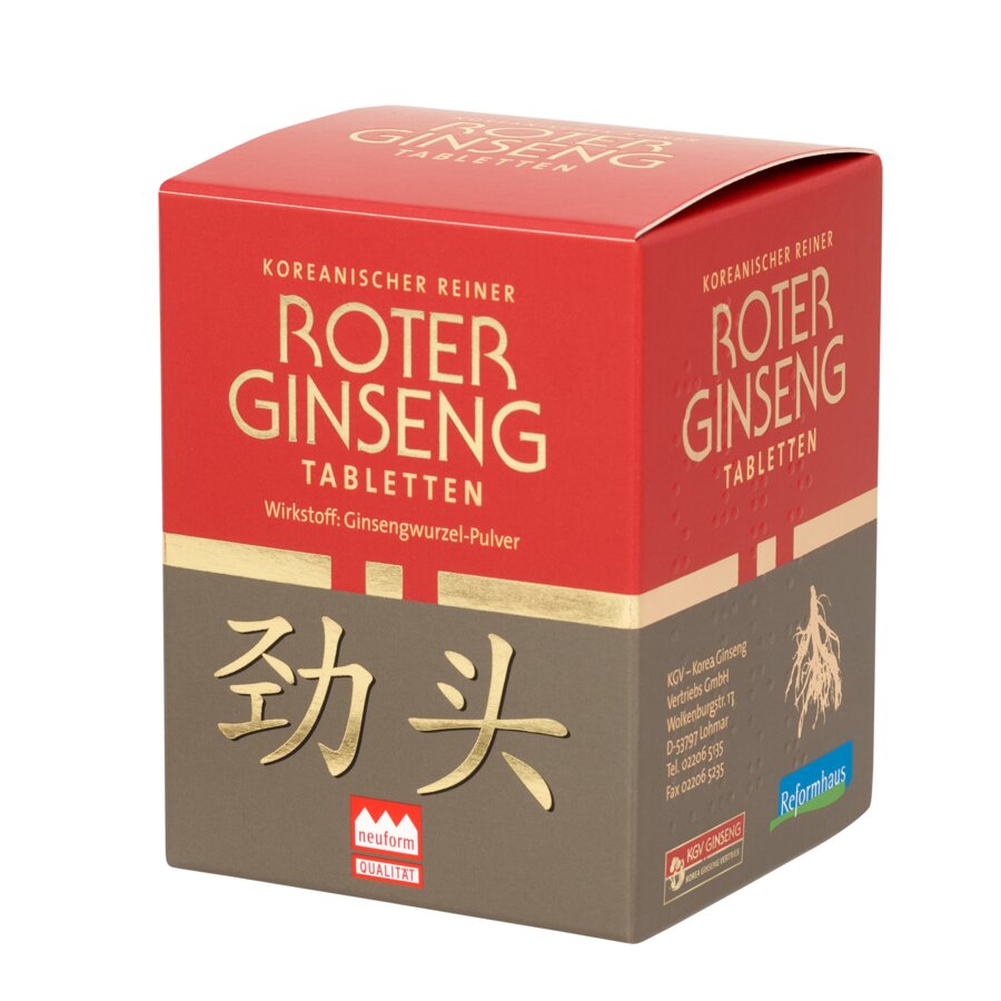 Koreanischer Roter Ginseng Tabletten – 200 Tabletten mit Ginsengwurzel-Pulver, neuform-zertifiziert, erhältlich im Reformhaus.