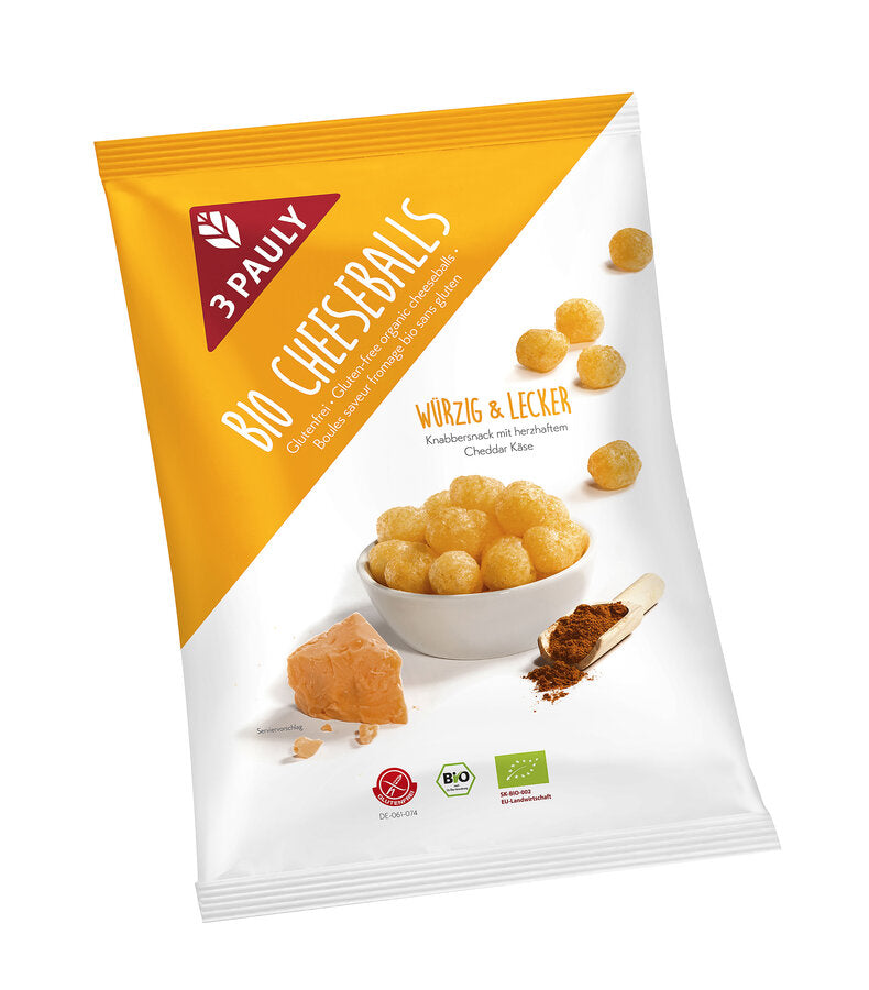 3 Pauly Bio-Cheeseballs 75g Glutenfrei, Mais Knabbersnack mit Cheddar Käse