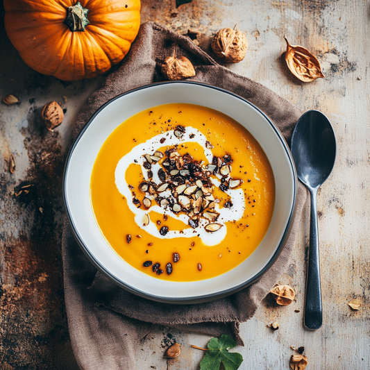 Kürbis-Sanddorn-Suppe mit Kürbiskernöl und knusprigem Topping