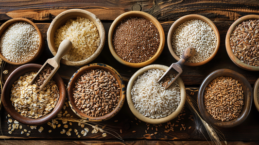 Verschiedene ballaststoffreiche Getreide- und Körnersorten wie Haferflocken, Quinoa, Reis, Hirse und Dinkel in rustikalen Schalen mit Holzlöffeln auf einem Holztisch – gesunde Zutaten als Symbol für ausgewogene Ernährung