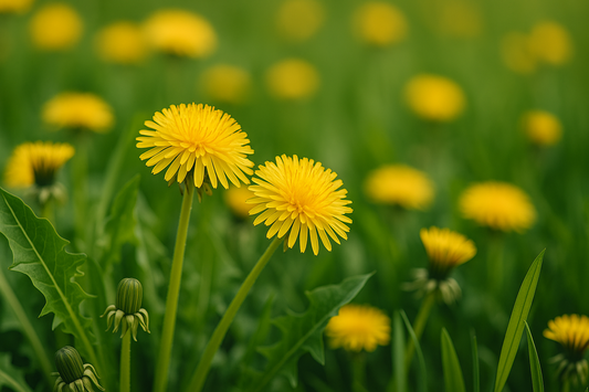 Realistisches Banner mit frischen gelben Löwenzahnblüten und grünen Blättern als Symbol für natürlichen Löwenzahnextrakt