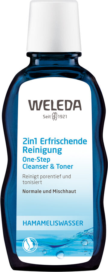 Weleda 2in1 Erfrischende Reinigung mit Hamameliswasser – One-Step Cleanser & Toner für normale und Mischhaut, reinigt porentief und tonisiert die Haut in einem Schritt.