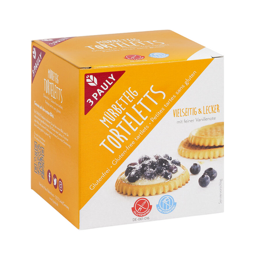 3 PAULY Mürbeteig Torteletts – glutenfreie und laktosefreie Törtchen mit feiner Vanillenote, 150 g Packung in gelb-weißer Verpackung