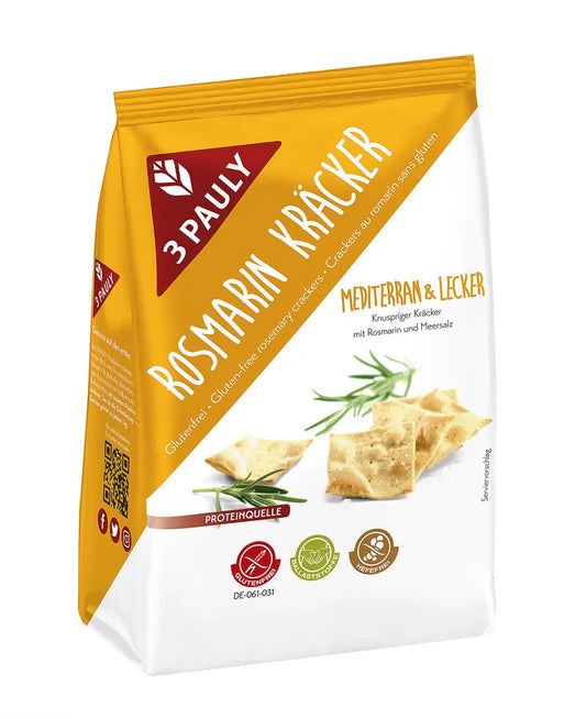 3 PAULY Rosmarin Kräcker – glutenfreie Knusper-Kräcker mit Rosmarin und Meersalz, ballaststoffreich, hefefrei, Proteinquelle, im wiederverschließbaren Beutel, mediterran gewürzt
