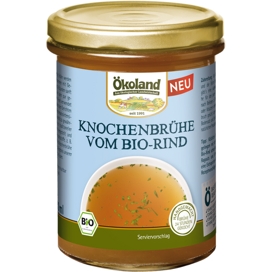 Ökoland Bio-Knochenbrühe vom Rind im 380-ml-Glas mit neuem Etikett.