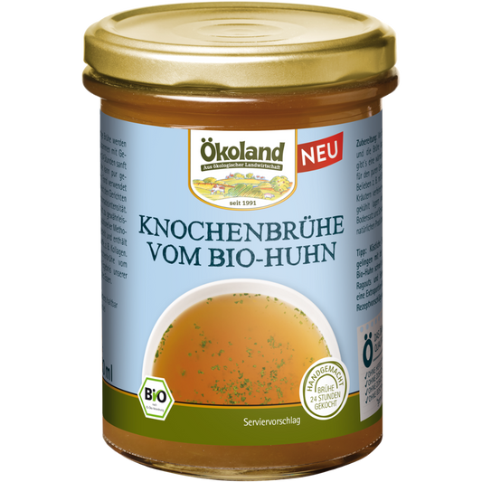 Ökoland Bio-Knochenbrühe vom Huhn im 380-ml-Glas mit neuem Etikett.