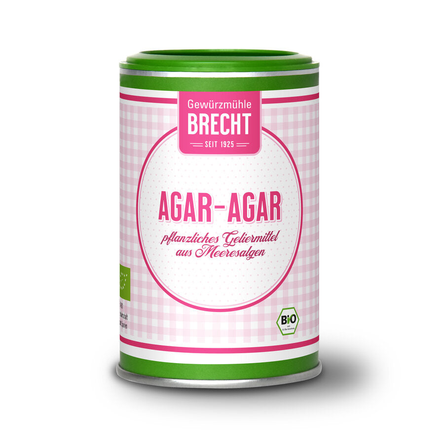 Produktbild von Brecht Agar-Agar, einem pflanzlichen Geliermittel aus Bio-Meeresalgen in einem grünen Streuer mit rosa-weißem Etikett.