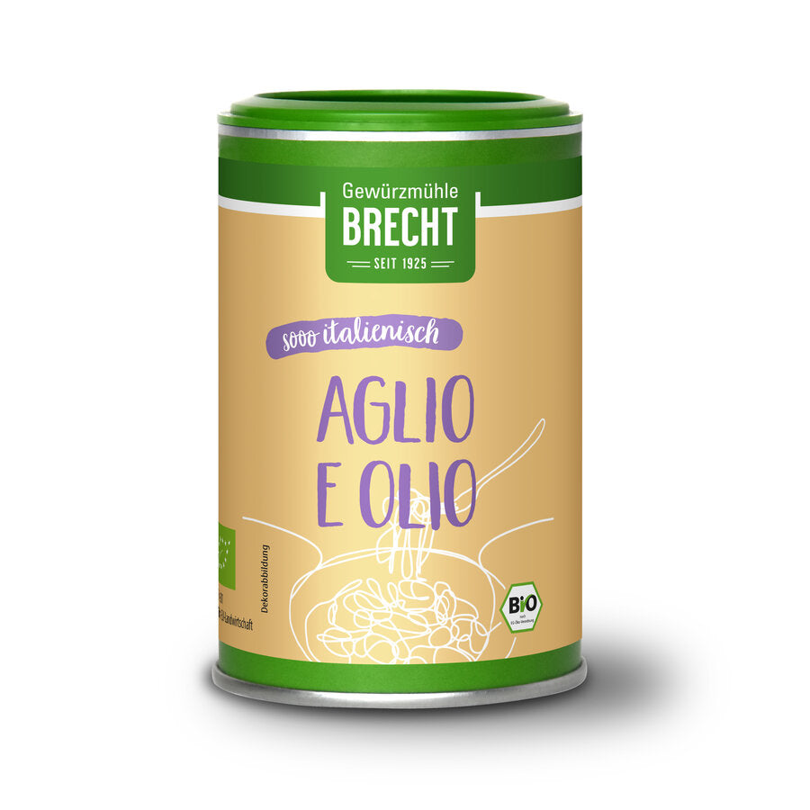 Produktbild von Brecht Aglio e Olio, einer Bio-Gewürzmischung in einem grünen Streuer mit beige-farbenem Etikett und der Aufschrift 'Sooo italienisch'.