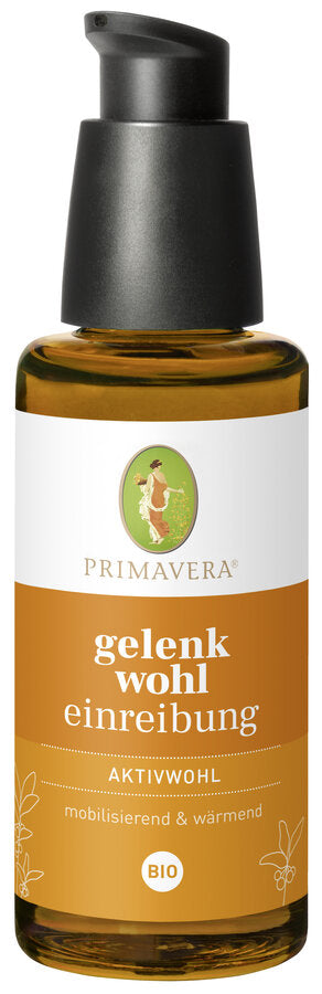 Eine Flasche des Bio-Produkts 'Gelenkwohl Einreibung Aktivwohl' von Primavera. Die Flasche hat einen schwarzen Pumpverschluss, ein Etikett mit einem ovalen Logo, das eine Frau in einem grünen Kleid zeigt, und den Produktnamen in weißer Schrift auf einem orangefarbenen Hintergrund. Das Produkt ist als mobilisierend und wärmend beschrieben.