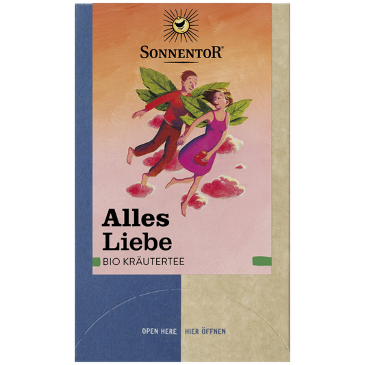 Sonnentor Alles Liebe Bio Kräutertee – harmonische Kräutermischung in bunter Verpackung mit romantischem Motiv
