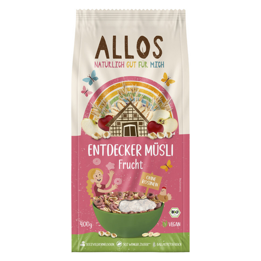 Allos Entdecker Müsli Frucht 400 g – Bio-Kindermüsli ohne Rosinen, mit Vollkornflocken und weniger Zucker, vegan