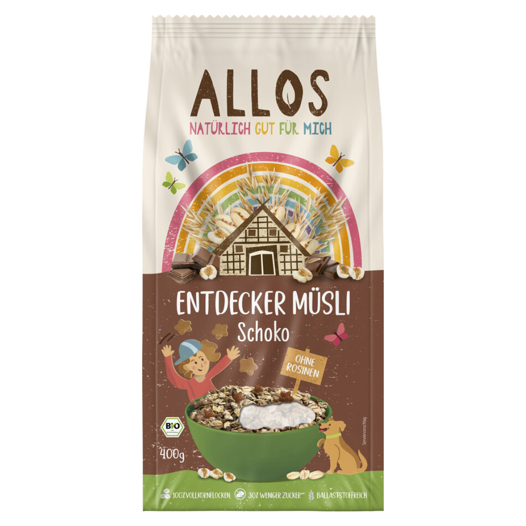 Allos Entdecker Müsli Schoko 400 g – Bio-Müsli für Kinder mit Vollkornflocken, ohne Rosinen, ballaststoffreich und mit weniger Zucker