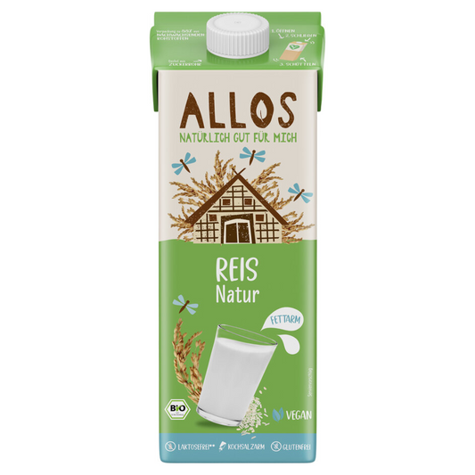 Allos Reis Drink Natur 1 Liter im Bio-Tetrapack – fettarmer, veganer Pflanzendrink ohne Zuckerzusatz