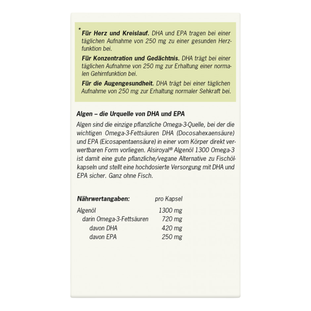 Rückseite der Verpackung von Alsiroyal Algenöl 1300 Omega-3 Kapseln mit Nährwertangaben, DHA- und EPA-Gehalt sowie Informationen zur veganen Omega-3-Quelle aus Algen.