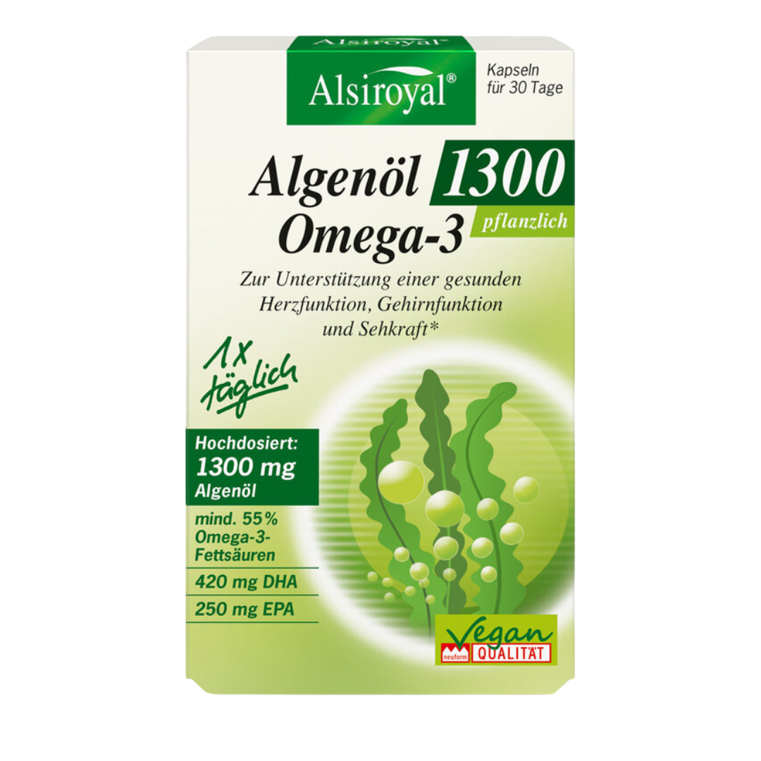 Alsiroyal Algenöl 1300 Omega-3 Kapseln – pflanzliche Omega-3-Kapseln mit DHA und EPA, hochdosiert mit 1300 mg Algenöl pro Kapsel, vegan zertifiziert.