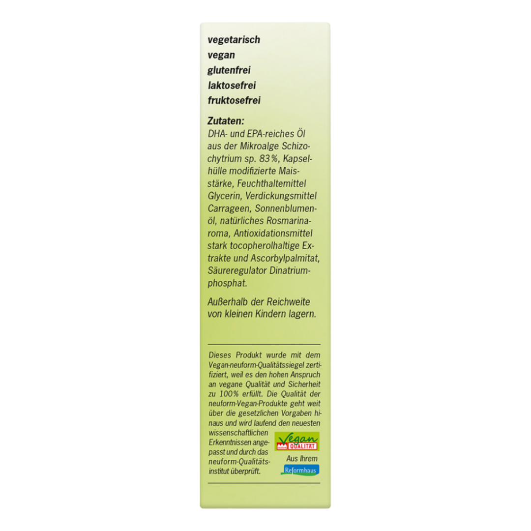 Seitliche Verpackung von Alsiroyal Algenöl 1300 Omega-3 Kapseln mit Zutatenliste, Qualitätshinweisen und Vegan-Qualitätssiegel.