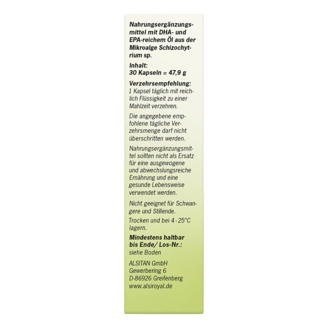 Seitliche Verpackung von Alsiroyal Algenöl 1300 Omega-3 Kapseln mit Verzehrempfehlung, Lagerhinweisen und Herstellerangaben.