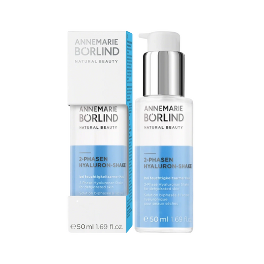 Annemarie Börlind 2-Phasen Hyaluron-Shake 50 ml – feuchtigkeitsspendendes 2-Phasen Serum mit Hyaluron für trockene Haut, Flasche und Verpackung