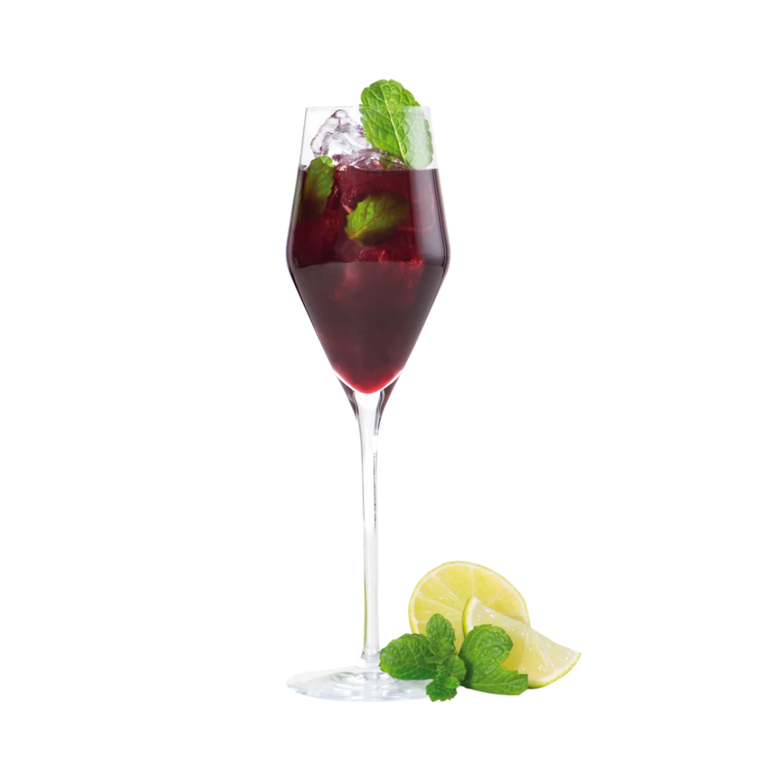 Aperino alkoholfreier Bio-Aperitif Johannisbeere Acerola – serviert auf Eis mit Minze und Limette im Glas