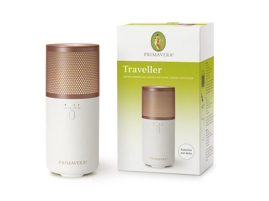 Primavera Aroma Vernebler Traveller – kabelloser Diffuser mit Akku in Weiß und Kupferoptik, inklusive Verpackung.