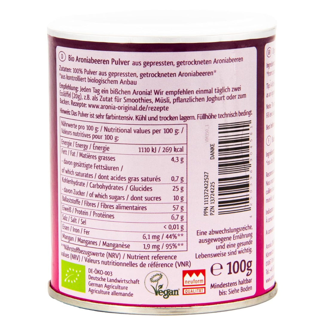 Aronia Original Aroniapulver Bio 100 g – Nährwerttabelle, Zutatenliste und Verzehrempfehlung auf der Rückseite der Dose