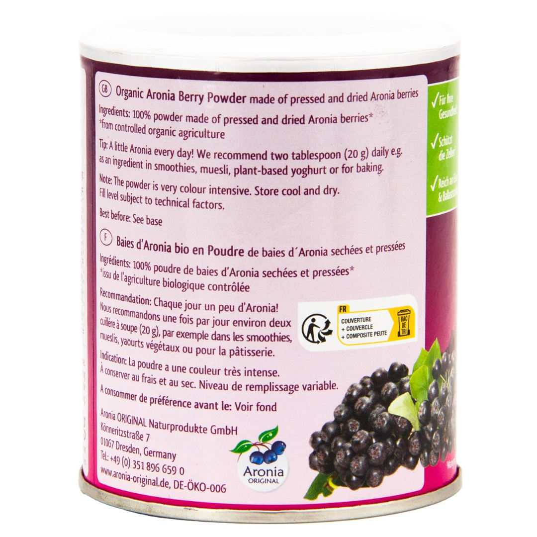 Aronia Original Bio Aroniapulver 100 g – Produktbeschreibung und Anwendungshinweise in Englisch und Französisch
