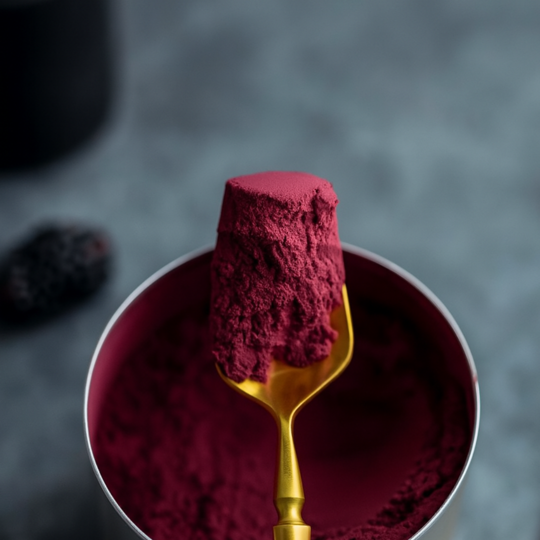 Aronia Original Bio Aroniapulver – intensives, tiefrotes Beerenpulver in geöffneter Dose mit goldfarbenem Messlöffel