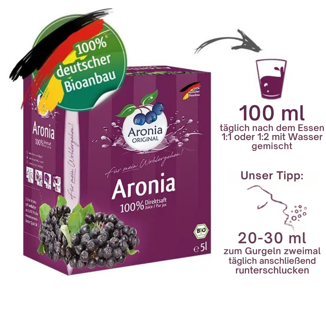 Aronia Original Bio Aroniasaft 5 l Bag-in-Box – 100 % Direktsaft aus deutschem Bioanbau mit Anwendungsempfehlung