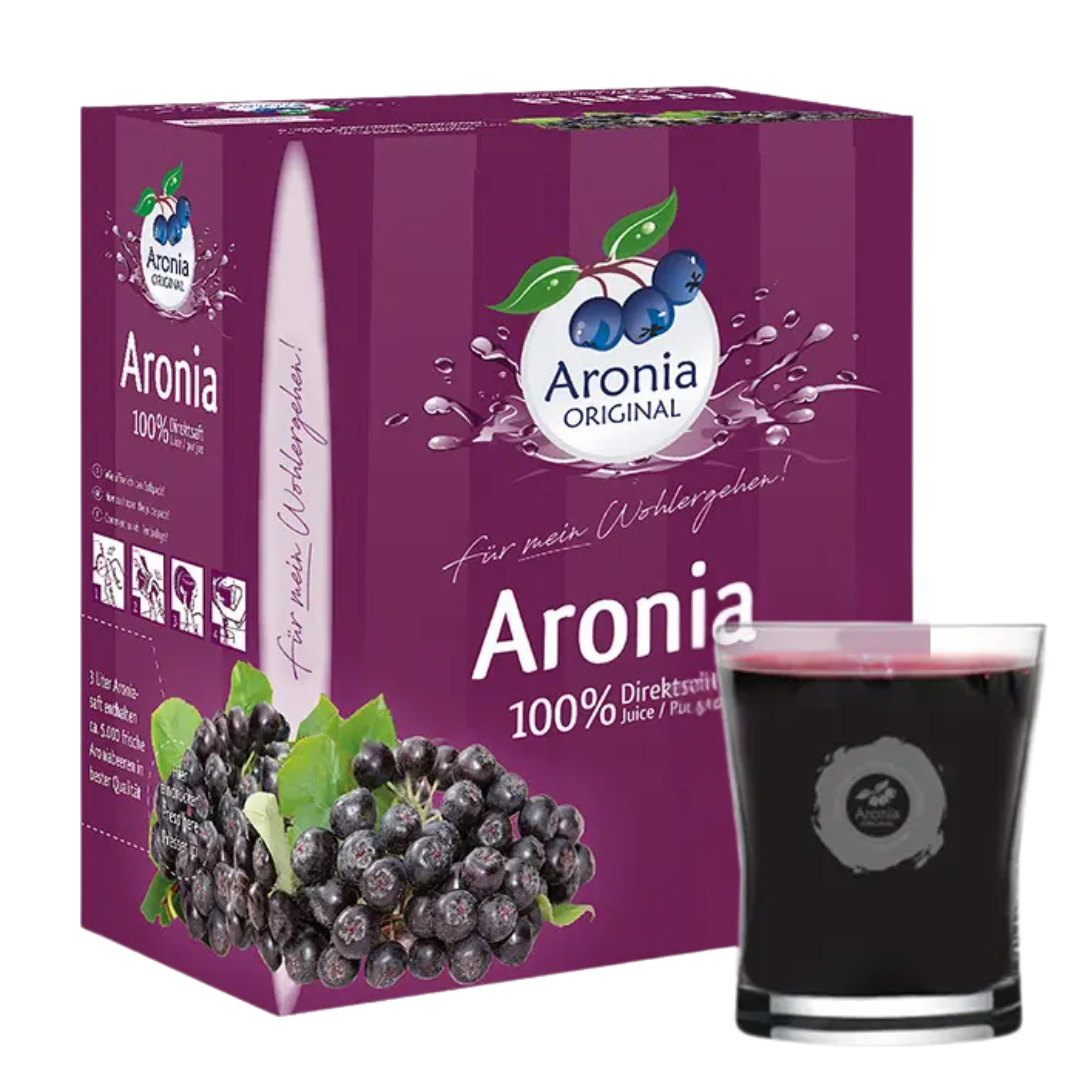 Aronia Original Bio Aroniasaft 5 l Bag-in-Box mit gefülltem Glas – purer Direktsaft aus Aroniabeeren