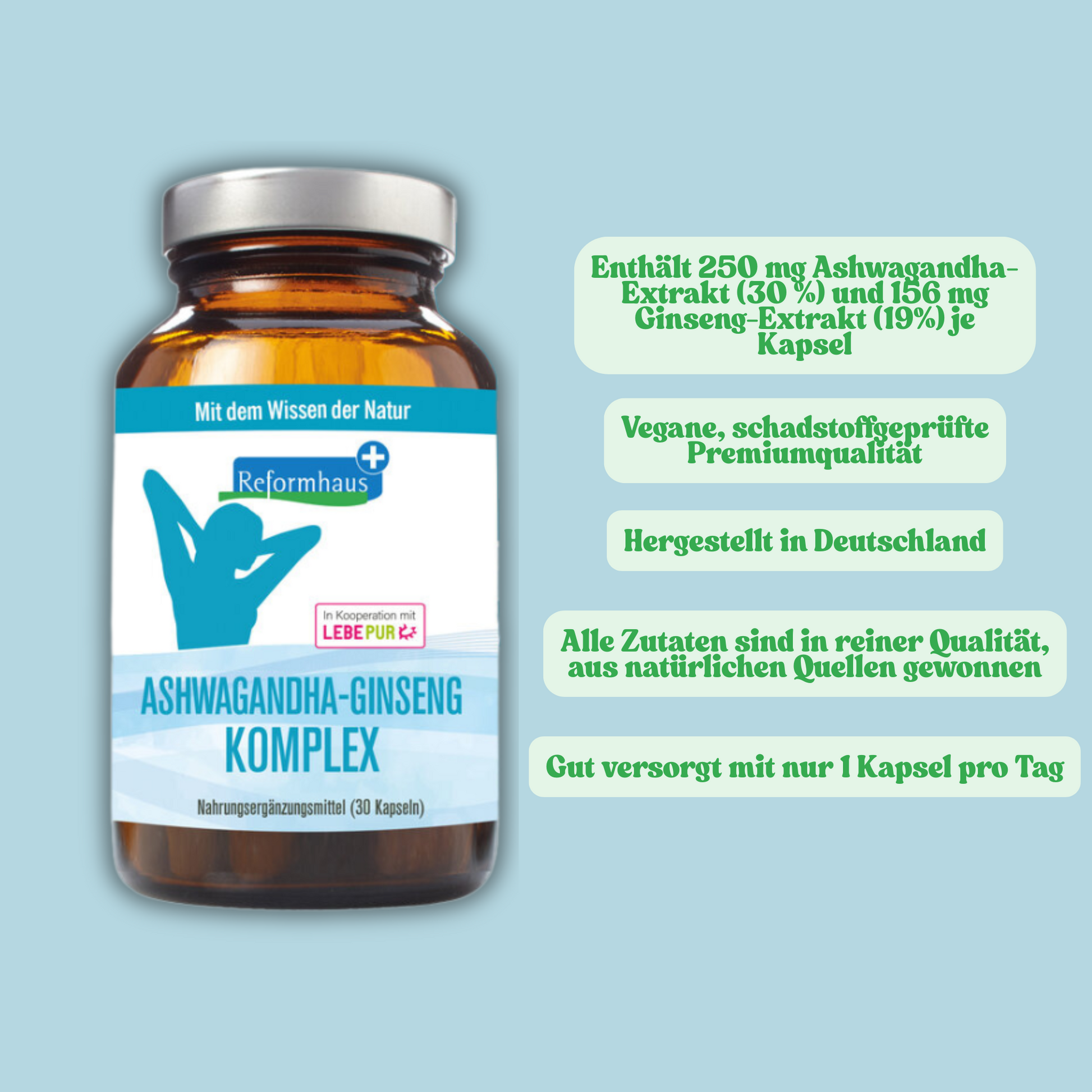 Reformhaus Ashwagandha-Ginseng Komplex – Nahrungsergänzung mit 250 mg Ashwagandha und 156 mg Ginseng je Kapsel, vegan, schadstoffgeprüft, aus natürlichen Quellen, hergestellt in Deutschland