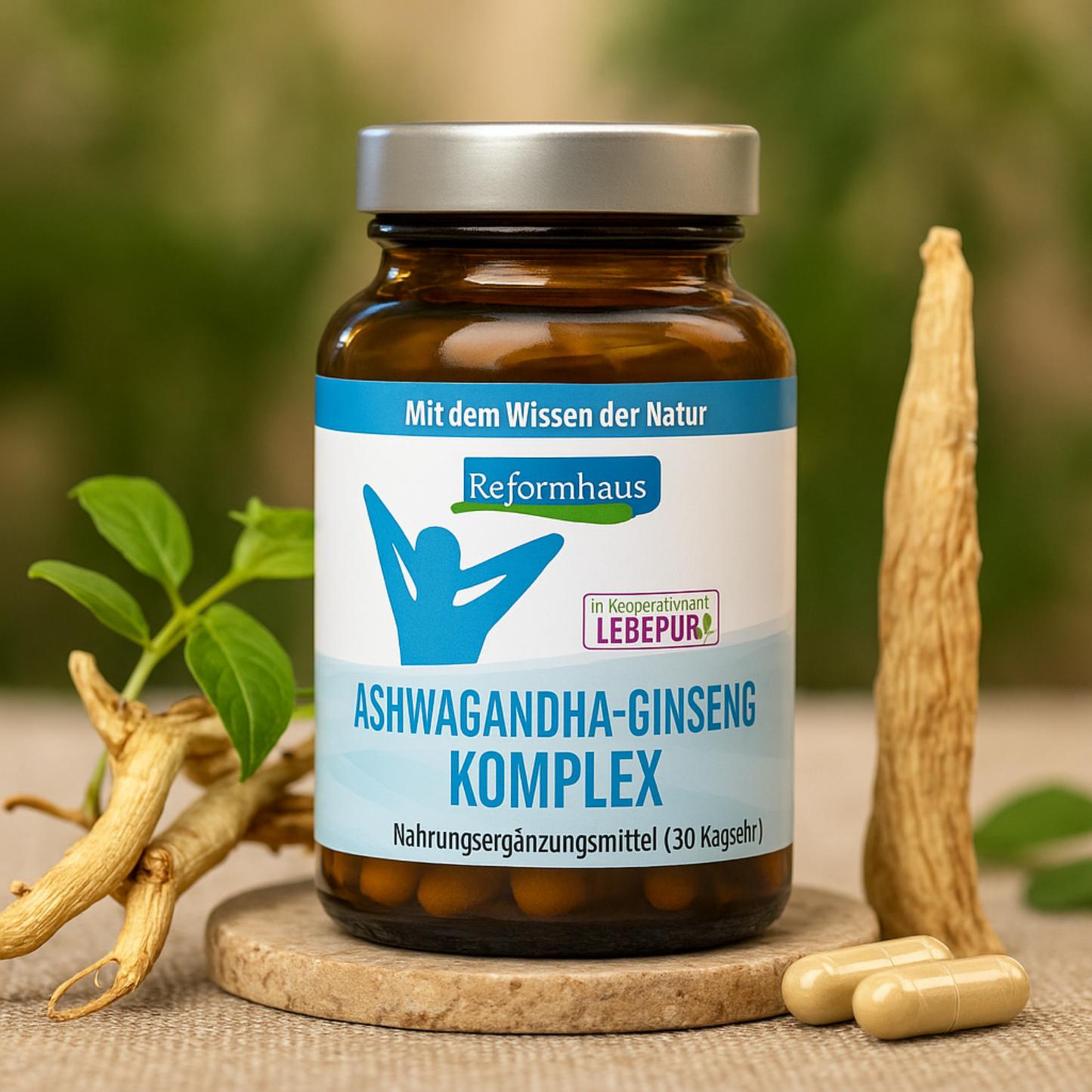 Reformhaus Ashwagandha-Ginseng Komplex – Glas mit 30 Kapseln im natürlichen Setting mit Ginsengwurzel, Ashwagandhapflanze und Kapseln – vegane Premiumqualität