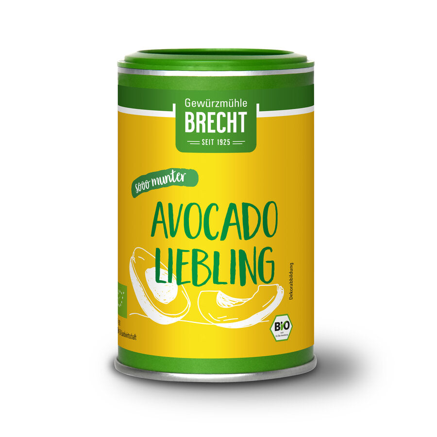 Produktbild von Brecht Avocado Liebling, einer Bio-Gewürzmischung in einem grünen Streuer mit gelbem Etikett und der Aufschrift 'Sooo munter'.