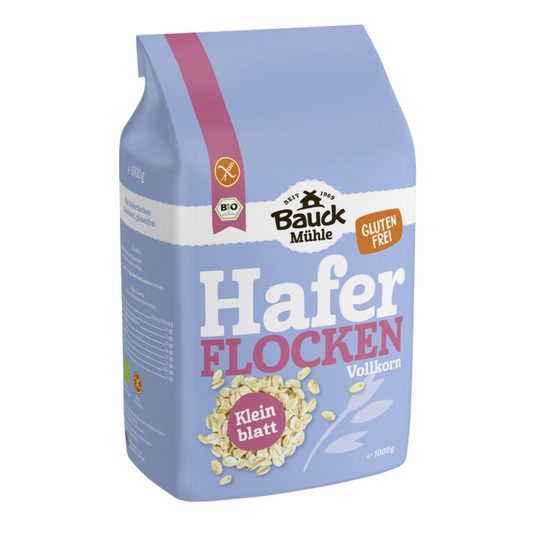 Bauck Mühle glutenfreie Vollkorn-Haferflocken Kleinblatt 1 kg – Bio-Haferflocken mit Zutatenliste und Nährwertangaben auf der Seite
