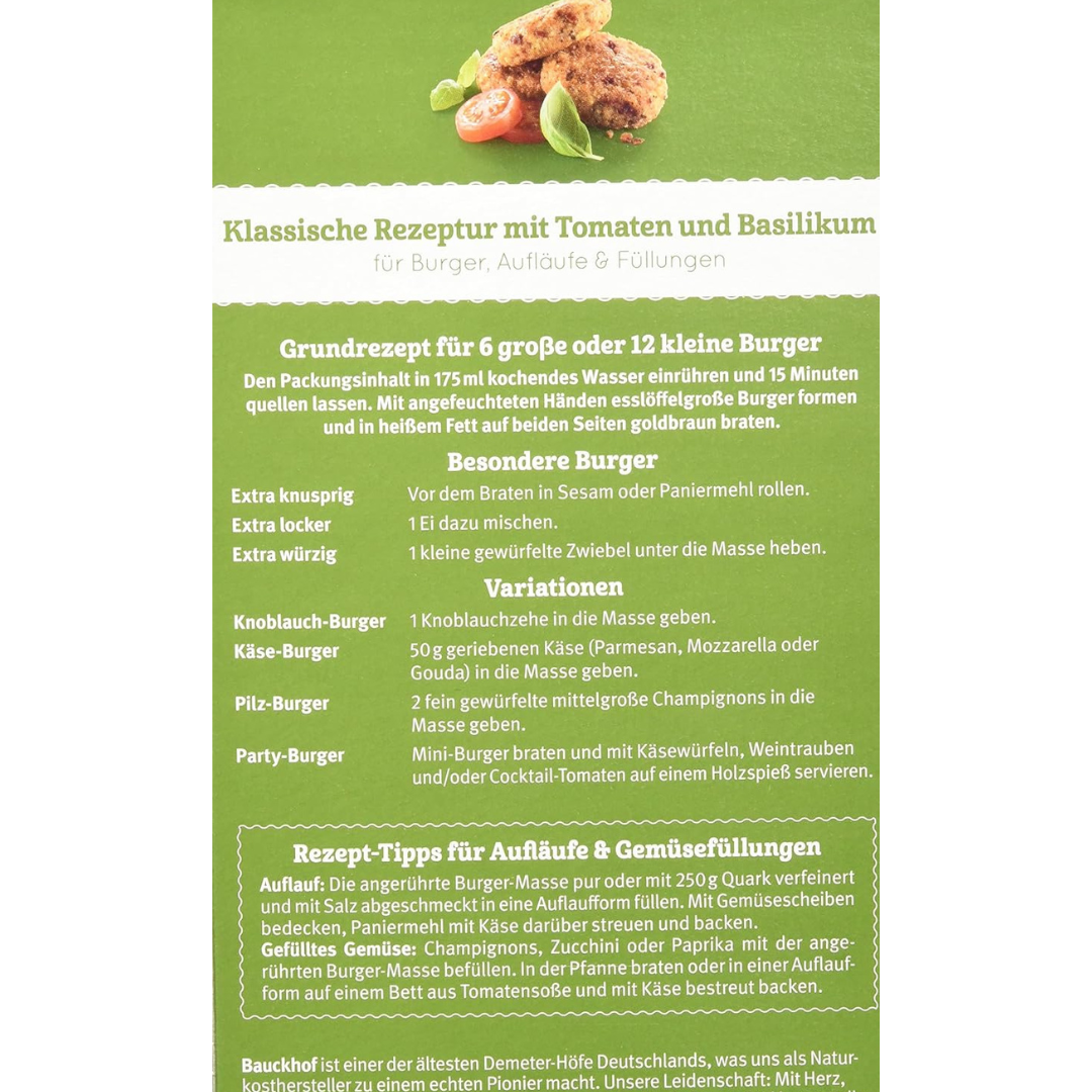 Rückseite der Bauck Mühle Veggie Tomaten Burger Packung mit Zubereitungsempfehlung und Rezepttipps für Burger, Aufläufe und Füllungen